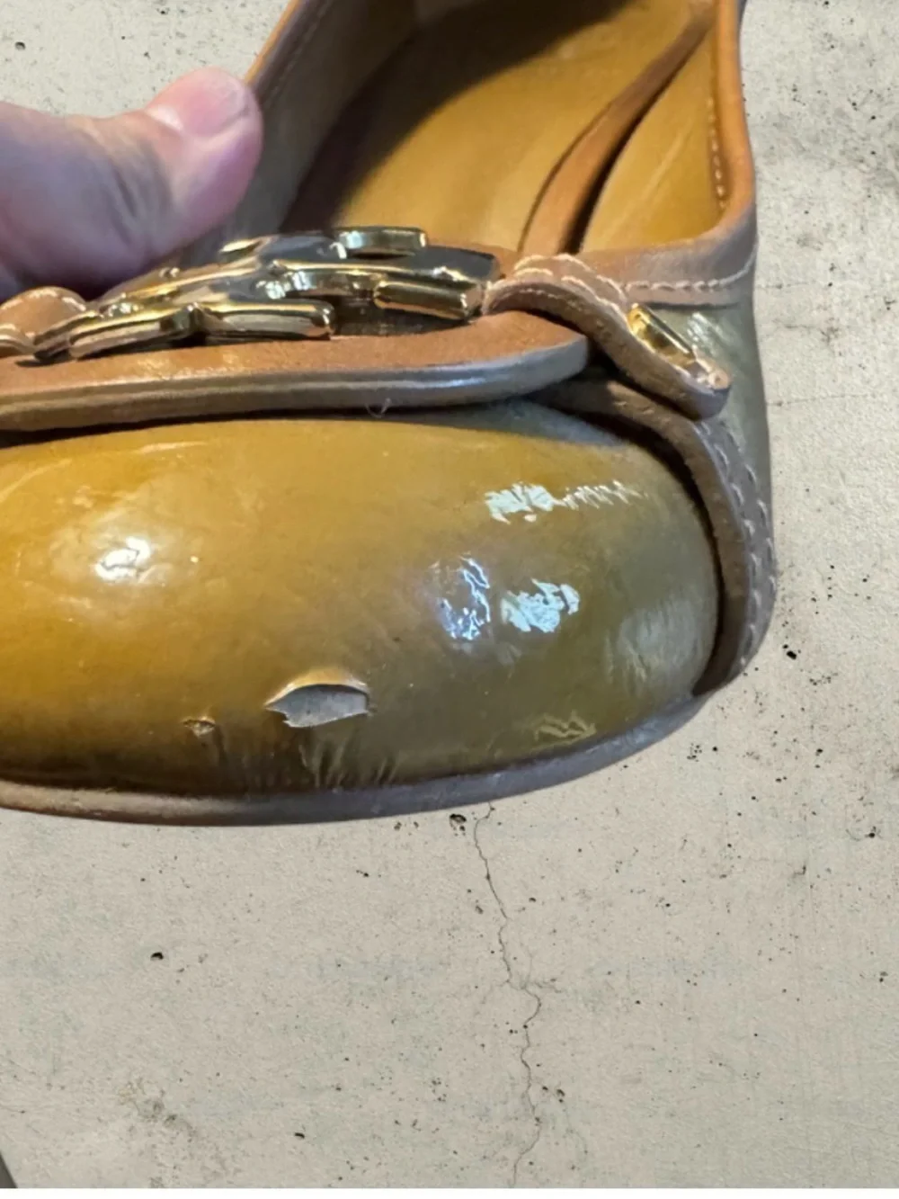 Tory Burch Tan Patent Leather Round-Toe Block Heel Pumps